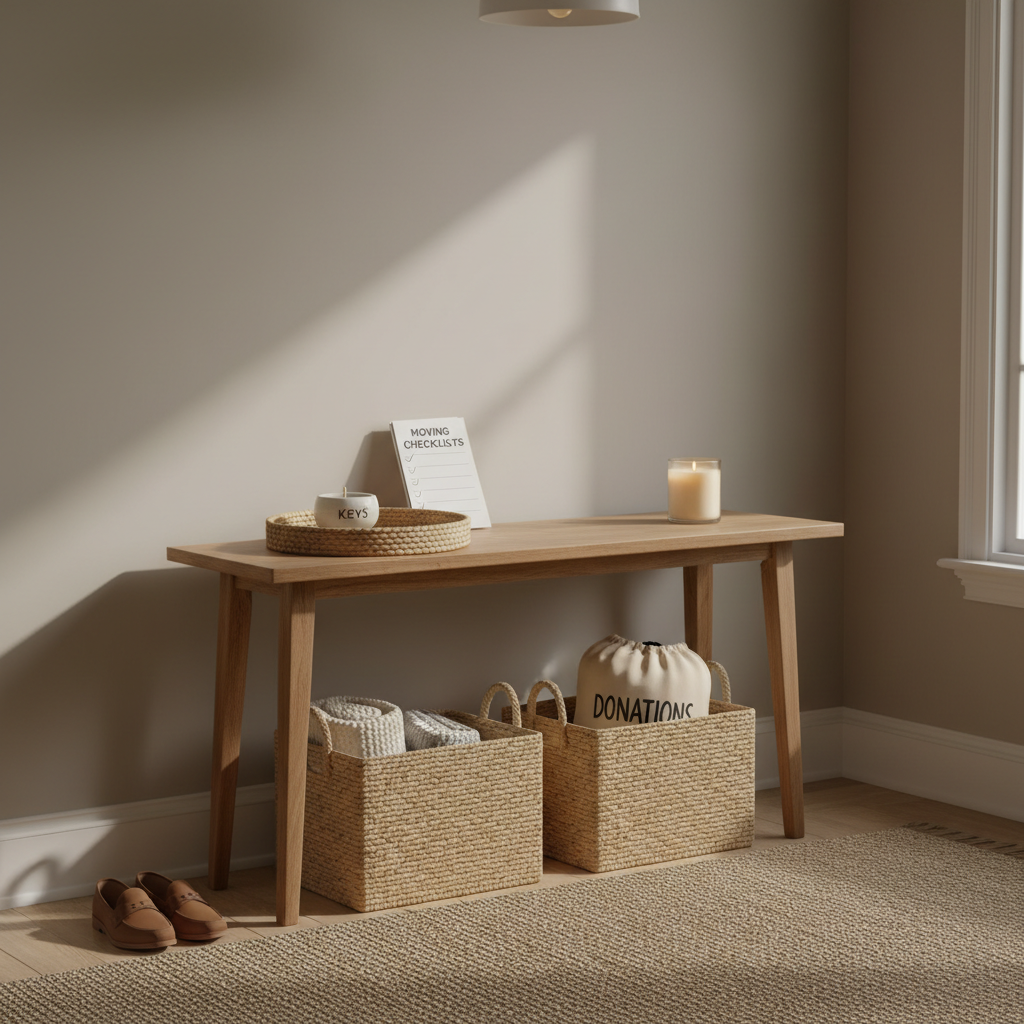 A warmly lit entryway captured in photographic realism, featuring a simple natural-wood console table against a freshly painted soft taupe wall. On the tabletop, a shallow woven tray holds a labeled key bowl, a small stack of moving checklists, and a single neutral-scent candle. Beneath, two coordinated storage baskets are aligned, partially filled with neatly folded blankets and carefully labeled donation bags. A pair of classic leather shoes sits side-by-side on a clean sisal rug, subtly suggesting readiness for a later-life move. Soft overhead lighting and diffused light from an adjacent window create gentle, inviting shadows. Framed in an eye-level composition with moderate depth of field, the atmosphere feels organized, supportive, and practical, symbolizing the first steps of a calm home transition.