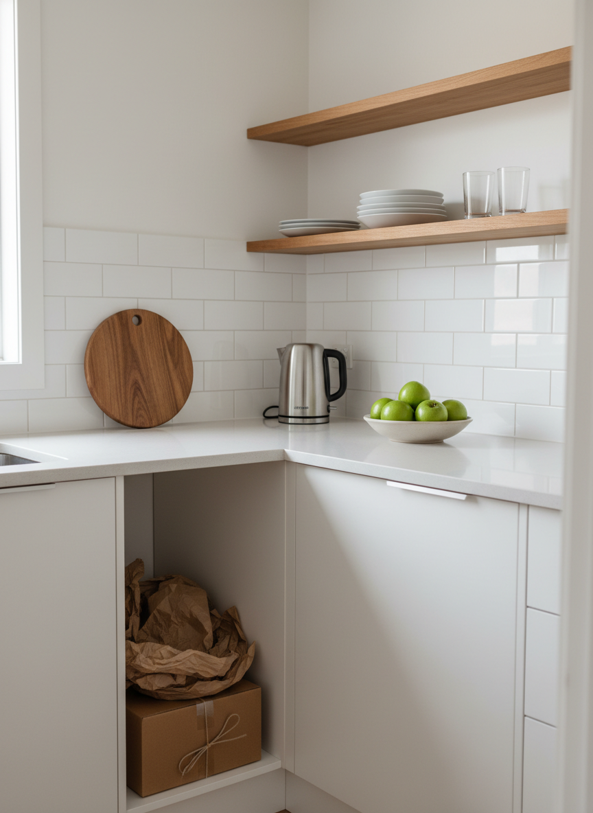 A compact, thoughtfully simplified kitchen in photographic realism, prepared for a home sale after long-term living. Smooth white cabinets with minimal hardware line the walls, their surfaces cleared except for a single wooden cutting board, a small bowl of bright green apples, and a stainless-steel electric kettle. Open shelving above shows only a few neatly stacked white dishes and two clear glasses, with generous empty space suggesting recent decluttering. A small cluster of flattened cardboard boxes and biodegradable packing paper sits tidily in a corner, ready for continued packing. Soft, overcast window light spills across a light quartz countertop and matte subway tile backsplash, creating a clean, even glow with minimal shadows. Shot from a slightly elevated angle, the mood is fresh, orderly, and reassuring, emphasizing the manageable, step-by-step nature of preparing a beloved kitchen for transition.