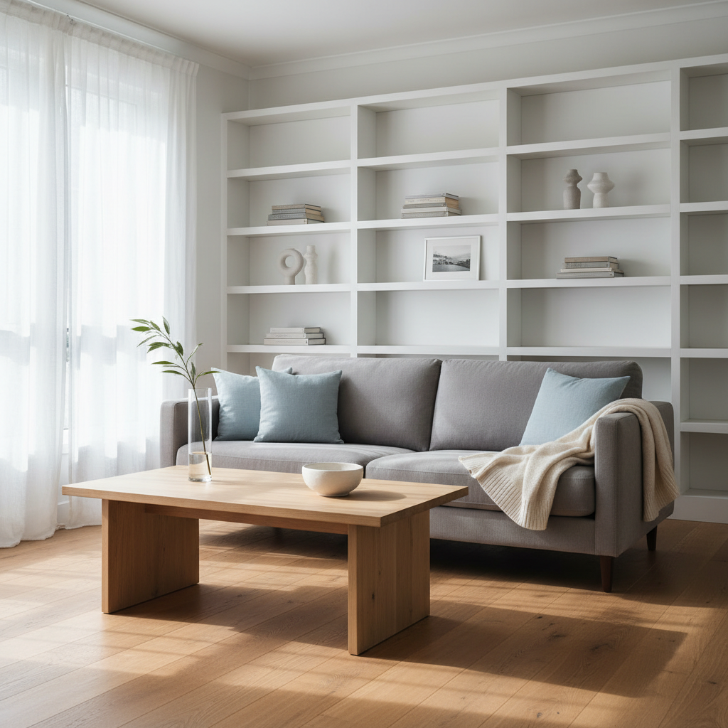 A bright, uncluttered living room in photographic realism, with a soft gray fabric sofa neatly staged with two pale blue cushions and a folded cream throw, facing a low, light-oak coffee table holding a single ceramic bowl and a slim vase with one green branch. Built-in white shelves behind display just a few carefully arranged books and neutral decor objects, with empty spaces suggesting recent decluttering. Gentle afternoon natural light filters through sheer white curtains, casting soft, elongated shadows on a warm oak floor. Shot at eye level with a wide lens, the composition uses the rule of thirds, leaving negative space to convey openness. The mood is calm, organized, and reassuring, evoking a home thoughtfully prepared for sale or transition.