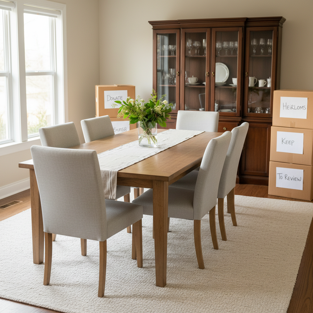 A meticulously organized dining room in photographic realism, prepared for real estate photos during a home transition. A rectangular natural-wood table sits centered on a textured wool rug, set only with a simple linen runner and a single low arrangement of greenery in a clear glass vase. Around the room, cardboard moving boxes are stacked discreetly along one wall, each closed, clean, and labeled in neatly written black marker: “Donate,” “Keep,” “Heirlooms,” and “To Review.” A china cabinet in the background has been thinned out, displaying just a few cherished pieces with ample space around them. Late-afternoon natural light streams through uncovered windows, creating calm, even illumination and gentle shadows. Shot at eye level with sharp focus throughout, the mood is orderly, practical, and hopeful, reflecting a thoughtful, supported downsizing process.