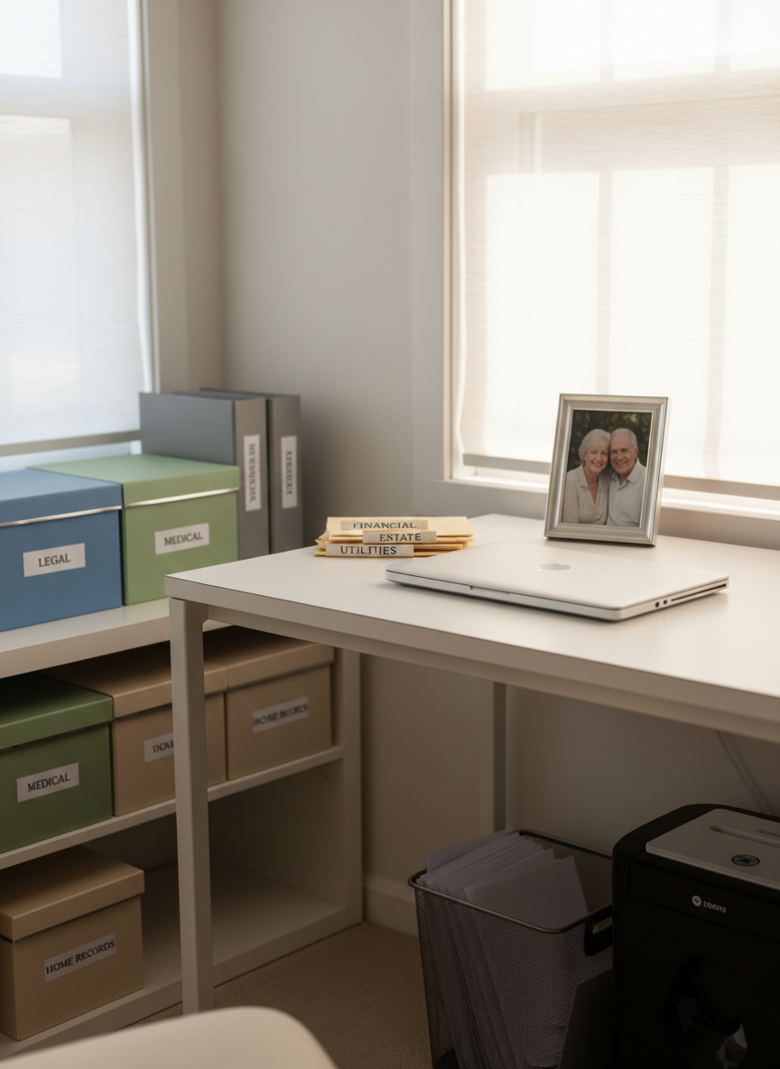 A tidy, sunlit home office transformed for a later-life move, shown in photographic realism. A simple white desk holds only a closed laptop, a small stack of clearly labeled file folders, and a single framed photograph turned slightly, suggesting a preserved memory. Along one wall, a low shelving unit features color-coded document boxes labeled for legal papers, medical information, and home records, all aligned with quiet precision. A small, nearly empty paper shredder stands beside a recycling bin containing uniformly stacked papers, hinting at completed paperwork sorting. Soft daylight pours through a nearby window with light-filtering blinds, creating a gentle, focused ambiance. Captured from a three-quarter angle with moderate depth of field, the composition feels calm, secure, and highly organized, perfectly reflecting practical, professional support for complex home transitions.