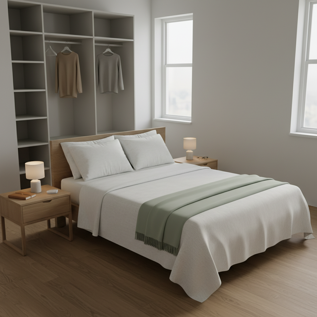 A serene bedroom in photographic realism, staged for downsizing, showing a neatly made queen bed with a crisp white quilt, a single pale sage throw, and two plump pillows arranged symmetrically. One streamlined nightstand remains, while the other side is intentionally empty, hinting at simplified living. On the nightstand, only a small ceramic lamp, a closed notebook, and a pair of reading glasses rest in careful order. A nearly empty wardrobe stands open in the background, hangers evenly spaced with just a few neutral garments. Soft morning light filters across the room from a large window, illuminating dust-free hardwood floors. Captured from a slightly elevated corner angle with a gentle wide shot, the mood is peaceful, dignified, and reassuring, emphasizing the emotional ease of letting go of excess belongings.