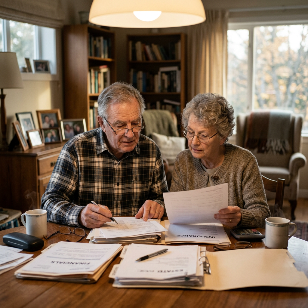 Older man and woman reviewing insurance and financial documents