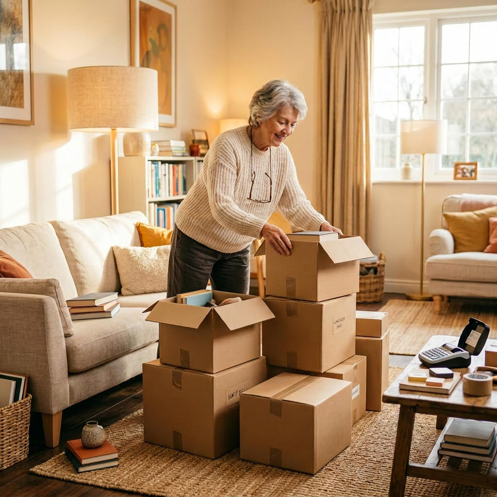 Senior woman organizing boxes in bright living room
