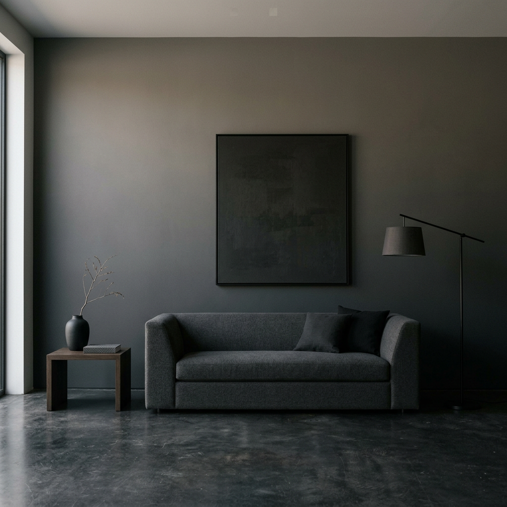 Dark gray sofa with two pillows, black floor lamp, side table with vase and book, abstract wall art