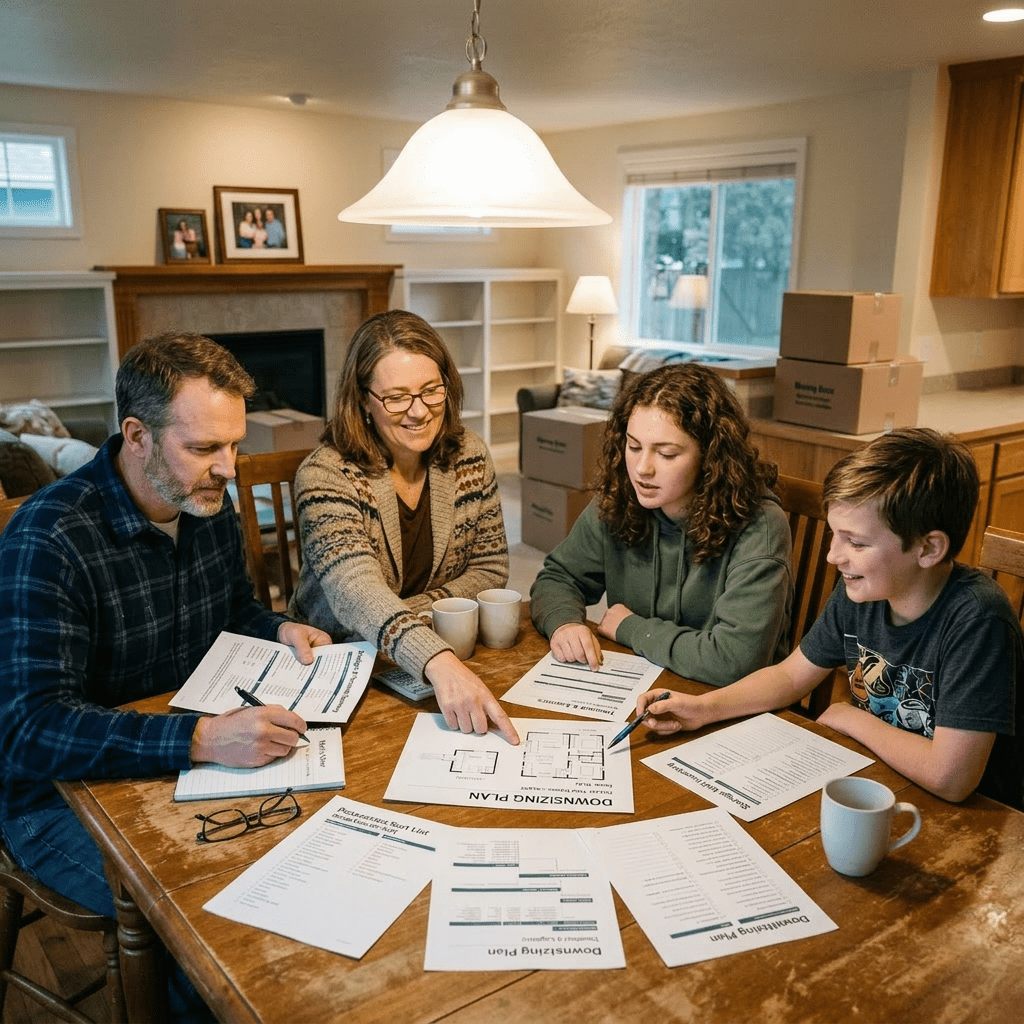 Family reviewing downsizing home renovation plans and documents together